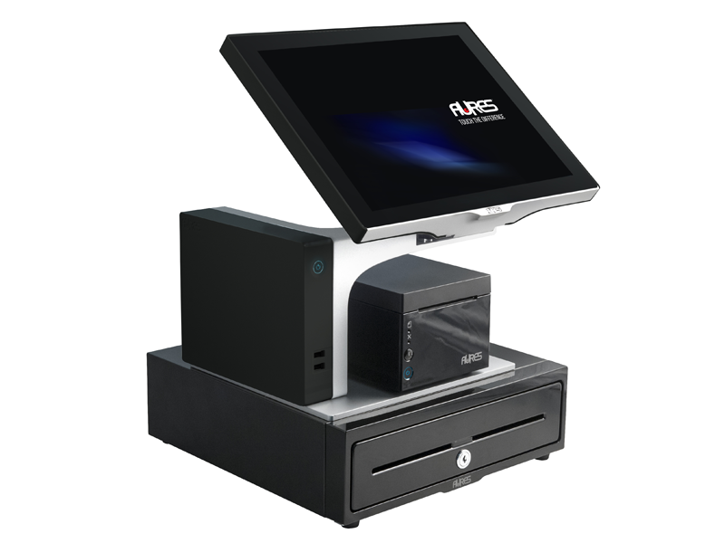 Das Bild zeigt das AURES Touch Difference Kassensystem, eine moderne Point-of-Sale-Lösung für Einzelhandel und Gastronomie. Es umfasst ein Touchscreen-Display, eine Geldschublade und einen Belegdrucker.