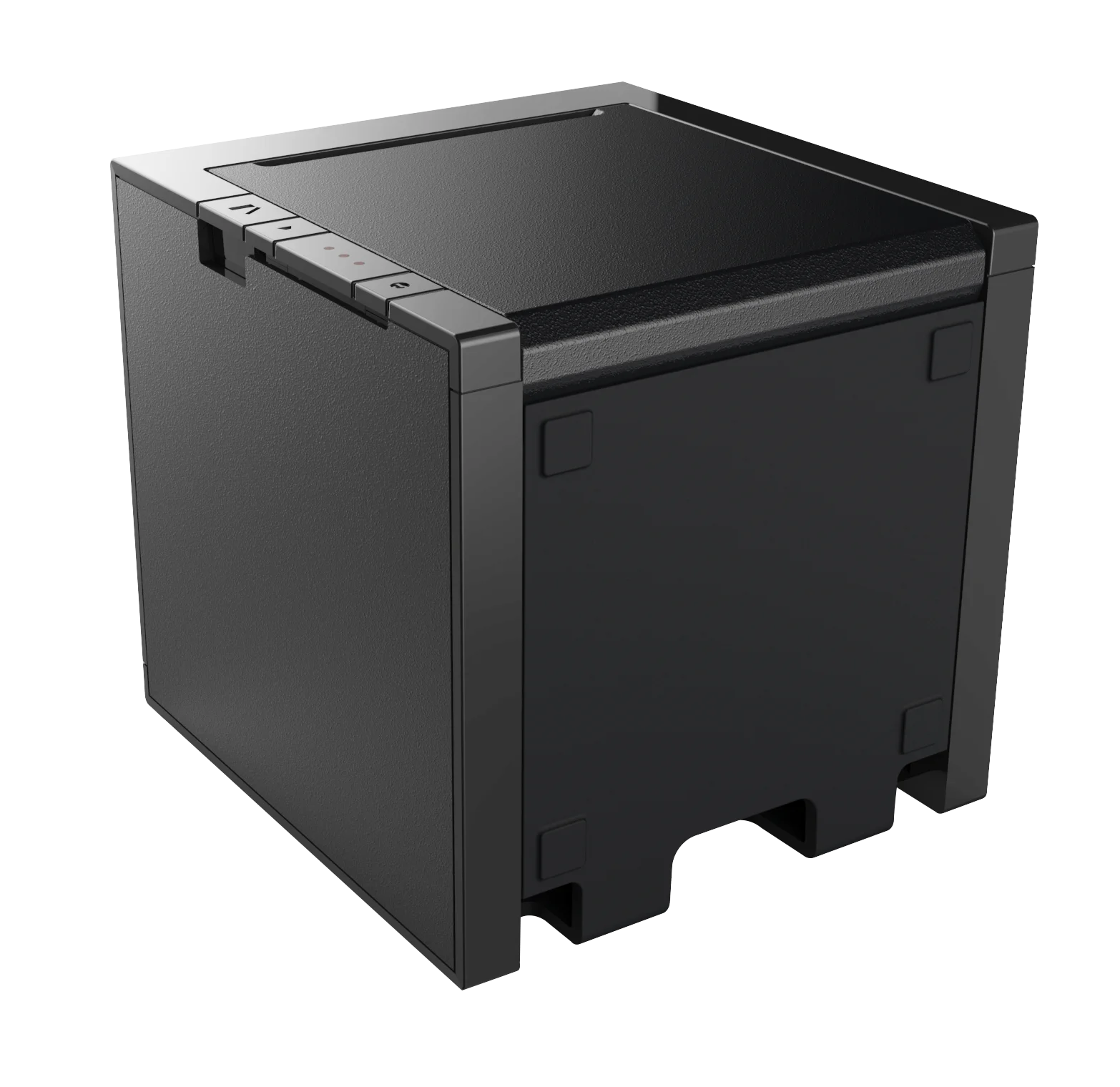 Modernes schwarzes würfelförmiges Gerät mit Tasten und Kontrollleuchten, ideal für die Integration und Automatisierung von Smart Homes, gesehen in einer klaren Produktaufnahme.