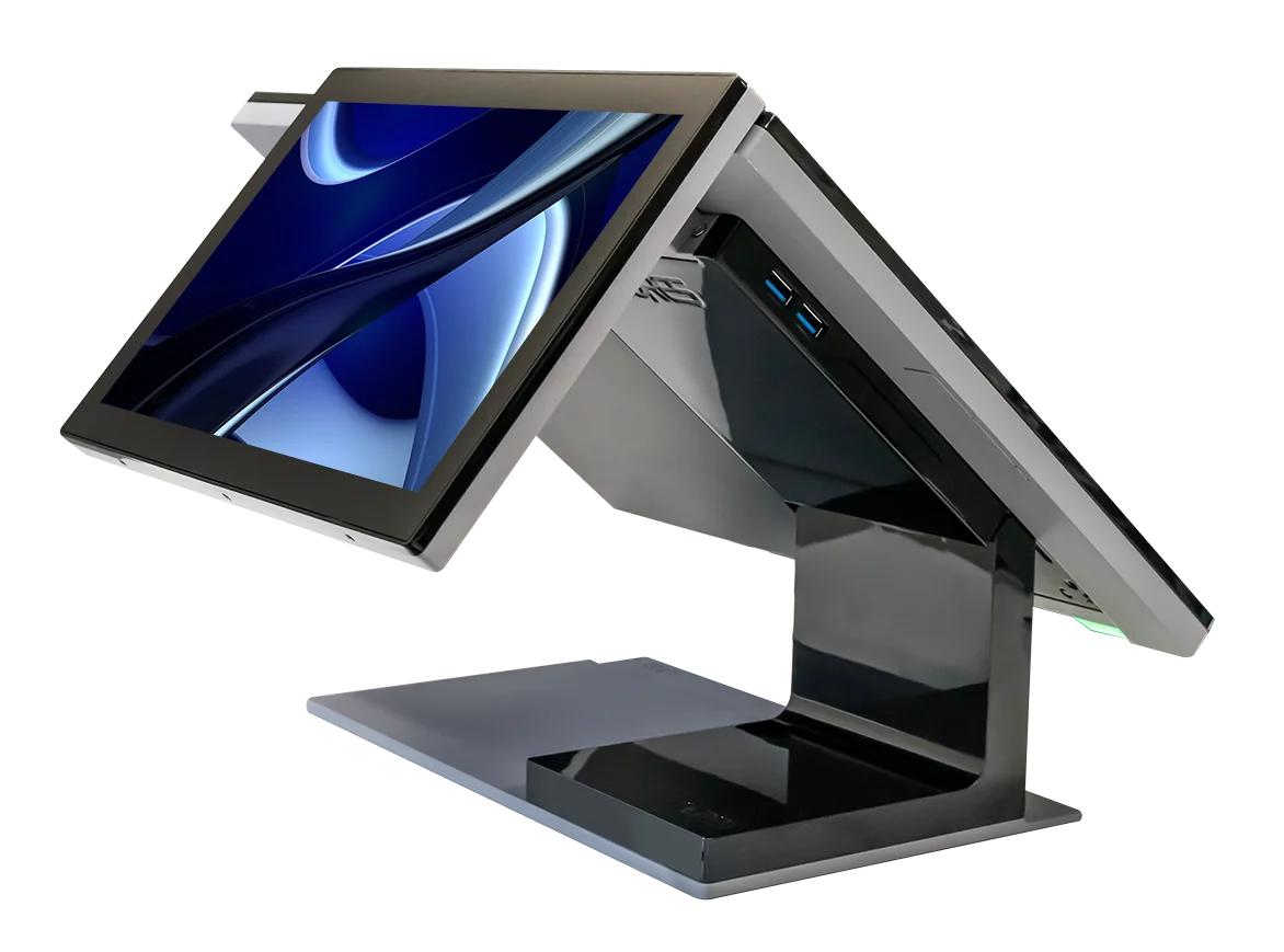 Nahaufnahme eines hochmodernen Dual-Screen-Computer-Setups mit elegantem, modernem Design und USB-Anschlüssen. Perfekt für Produktivitäts-, Gaming- oder Grafikdesign-Aufgaben.