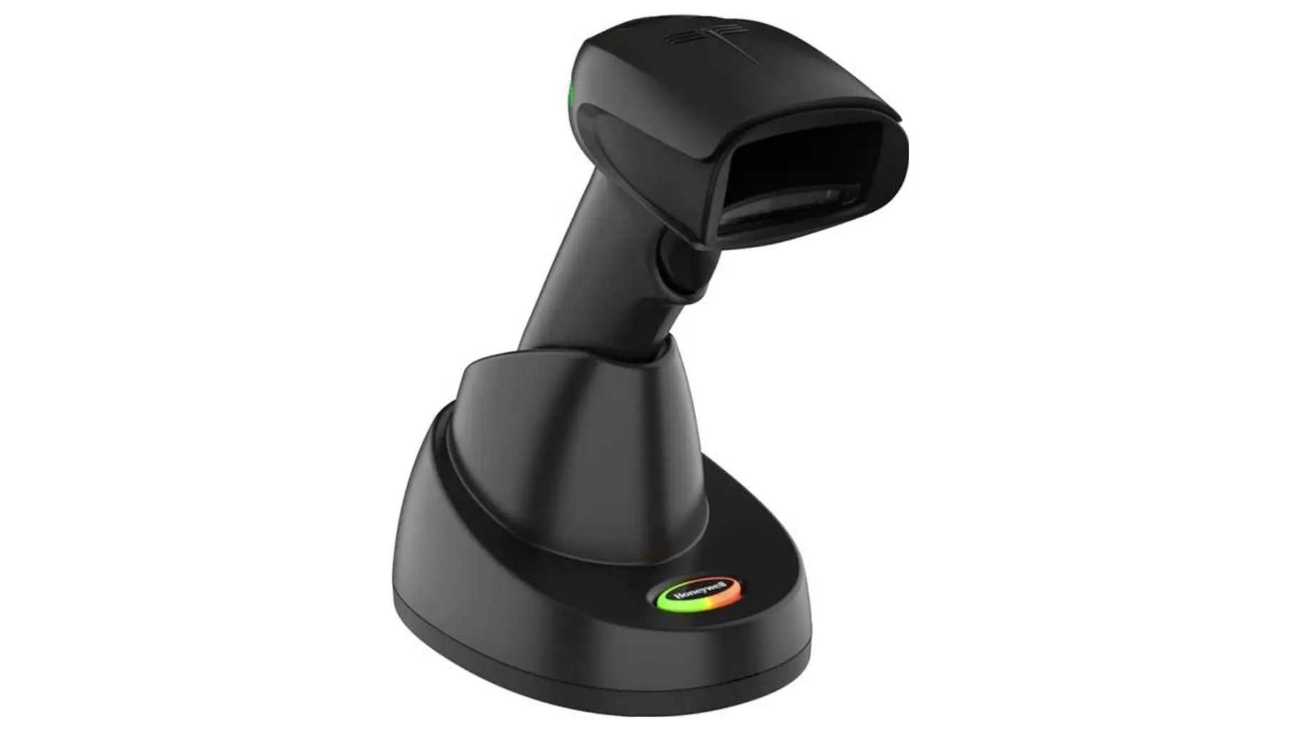 Bild eines Honeywell-Barcodescanners und einer Ladestation in Schwarz vor weißem Hintergrund, das das Design des Scanners für Einzelhandel und Lagerhaltung hervorhebt.