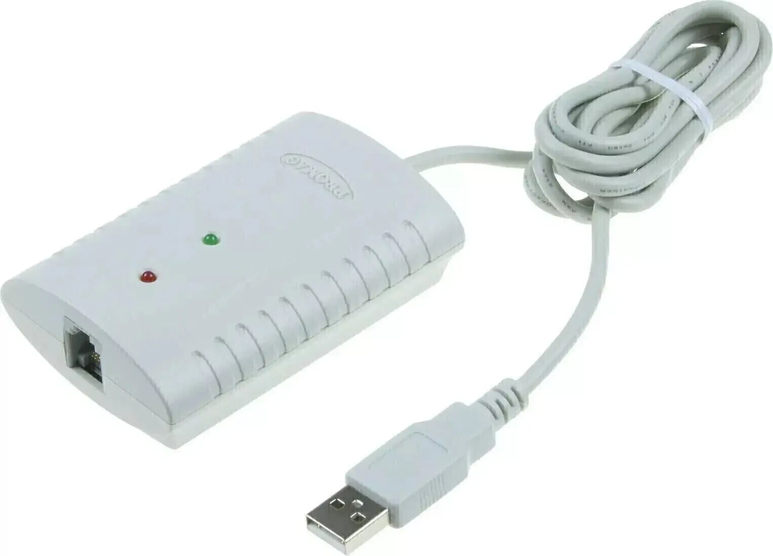 Bild des Pronexis-Adapters zur Datenerfassung mit Indikatoren. Dieses Gerät wird über ein USB-Kabel an einen PC angeschlossen und verfügt über rote und grüne LED-Anzeigen.