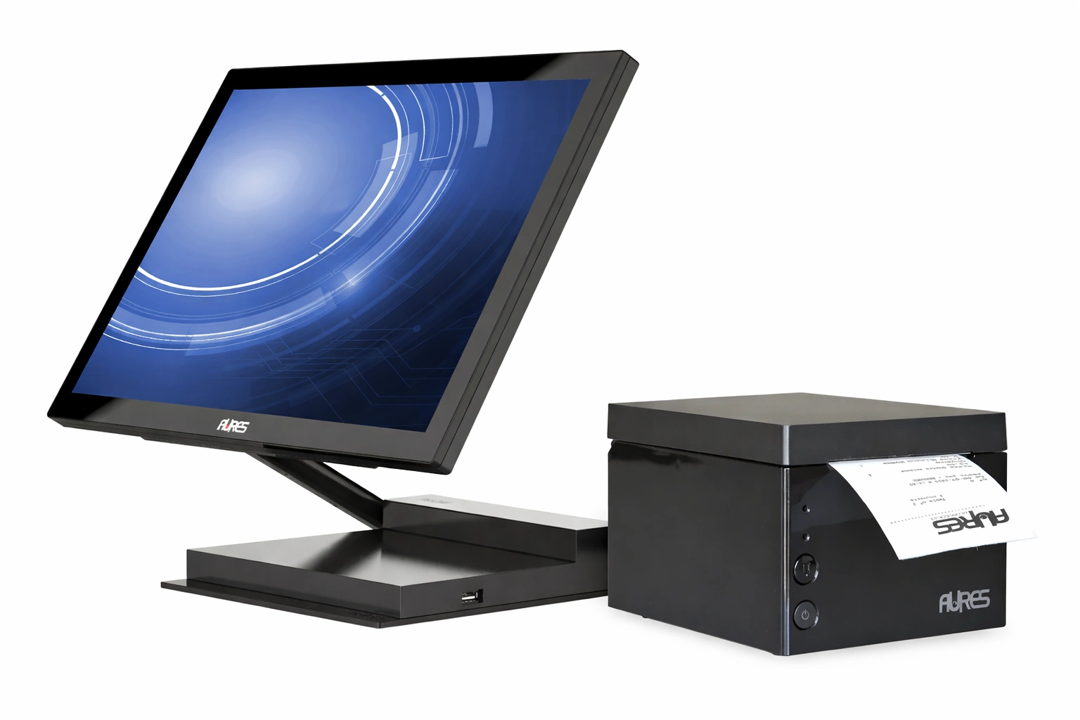 Bild eines schwarzen AURES-Kassensystems mit einem eleganten Touchscreen-Monitor mit moderner Benutzeroberfläche und einem kompakten Thermobondrucker für den Einzelhandel.