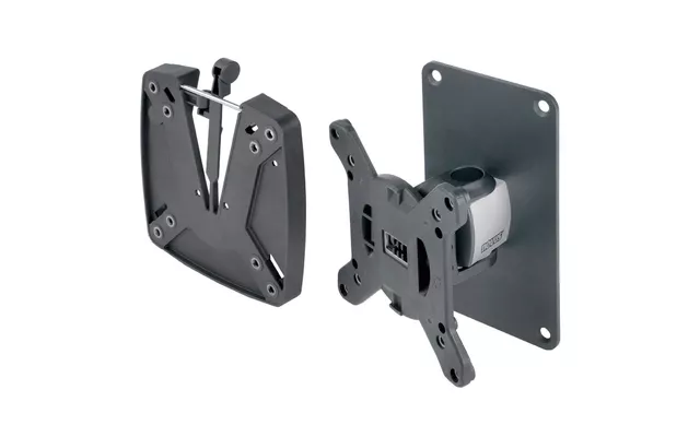 Nahaufnahme einer schwarzen neig- und schwenkbaren TV-Wandhalterung, die die beiden Teile auseinander zeigt, für eine einfache TV-Installation und flexible Betrachtungswinkel. Perfekt für Heimkinos.