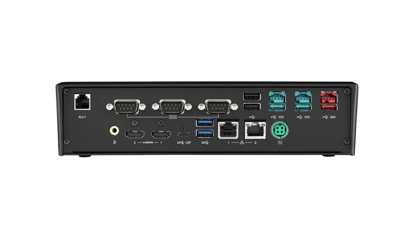 Rückansicht eines schwarzen Industriecomputers mit verschiedenen Anschlüssen, darunter RJ11, serielle Anschlüsse, HDMI, USB, Ethernet und Stromanschlüsse, isoliert auf Weiß.