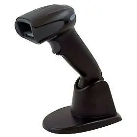 Bild eines tragbaren Barcodescanners mit Ständer. Der Scanner ist schwarz und nach oben geneigt. Perfekt für die Bestandsverwaltung im Einzelhandel oder Lager.
