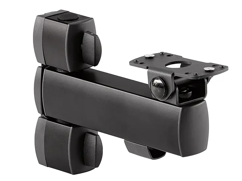 Bild einer schwarzen, beweglichen TV-Wandhalterung, perfekt zur Optimierung des Betrachtungswinkels und zur Platzersparnis. Das voll bewegliche Design und das robuste Material garantieren eine sichere Platzierung.