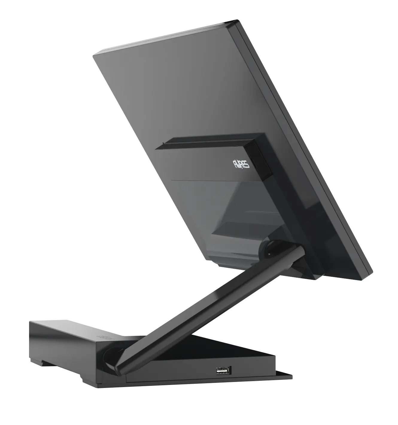 Nahaufnahme eines eleganten, modernen schwarzen AURES-Kassensystems. Dieses Bild zeigt den verstellbaren Ständer des Terminals, der ergonomische Vorteile für den Einzelhandel bietet.