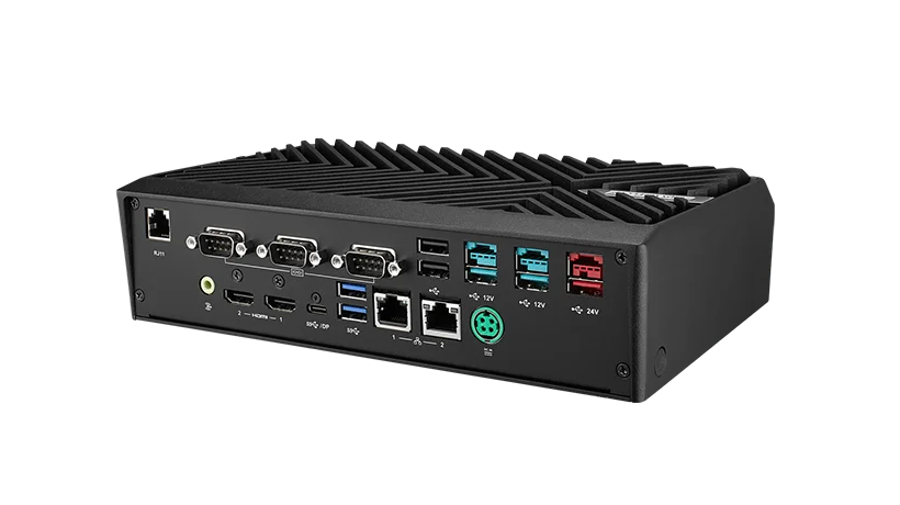 Rückseite eines schwarzen Industriecomputers mit verschiedenen Anschlüssen, darunter RJ45, VGA, HDMI, USB und Stromanschlüssen für zuverlässige Konnektivität in der Automatisierung.