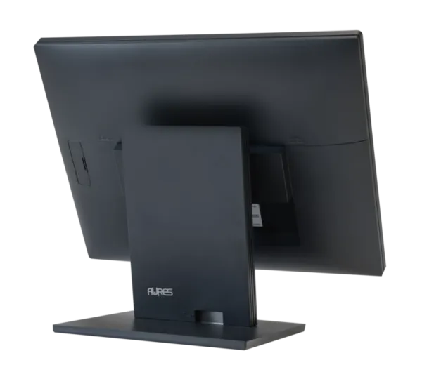 Nahaufnahme der Rückseite eines AURES-Computermonitors mit Standfuß und Anschlüssen. Ideal für Unternehmen oder Heimbüros, die zuverlässige Displays suchen.