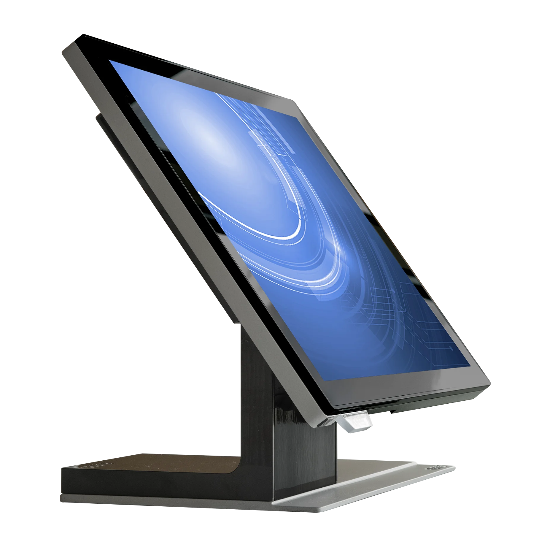 Schlankes Touchscreen-Kioskterminal mit einem leuchtend blauen Display mit abstrakten Grafikmustern. Dieses interaktive System bietet Point-of-Sale-Lösungen und moderne Self-Service-Funktionen für Unternehmen.