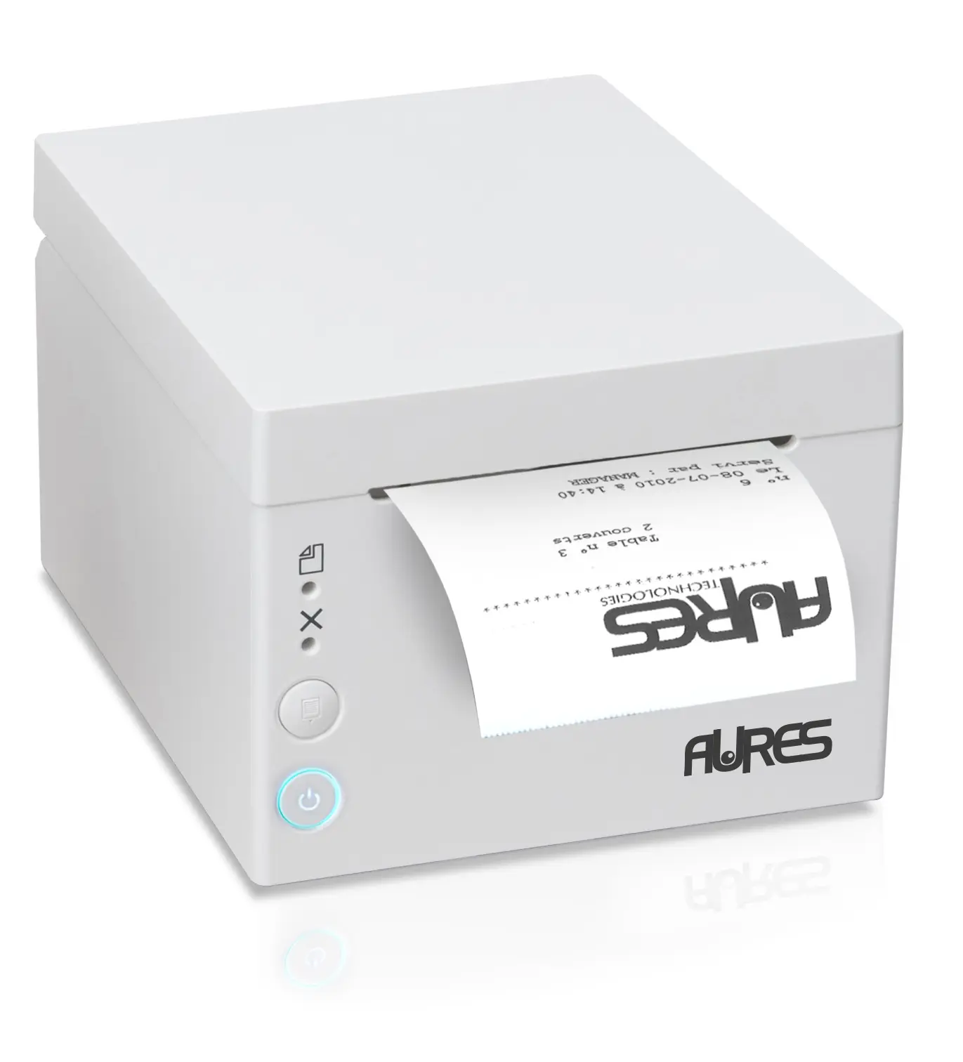 Der AURES-Thermobondrucker in Weiß wurde für Kassensysteme im Einzelhandel und Gastgewerbe entwickelt und besticht durch sein kompaktes und modernes Design mit benutzerfreundlicher Benutzeroberfläche.