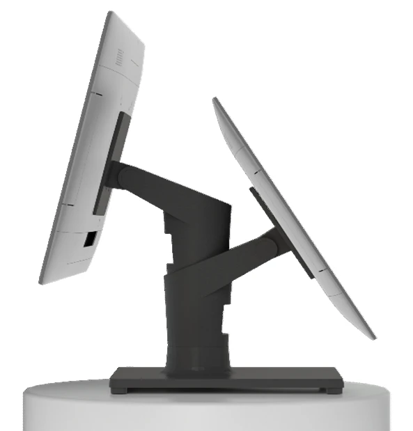 Point-of-Sale-System (POS) mit zwei Bildschirmen, einem eleganten schwarzen Ständer und zwei verstellbaren Monitoren. Ideal für Einzelhandels- oder Restaurantumgebungen, um die Kundeninteraktion zu verbessern.