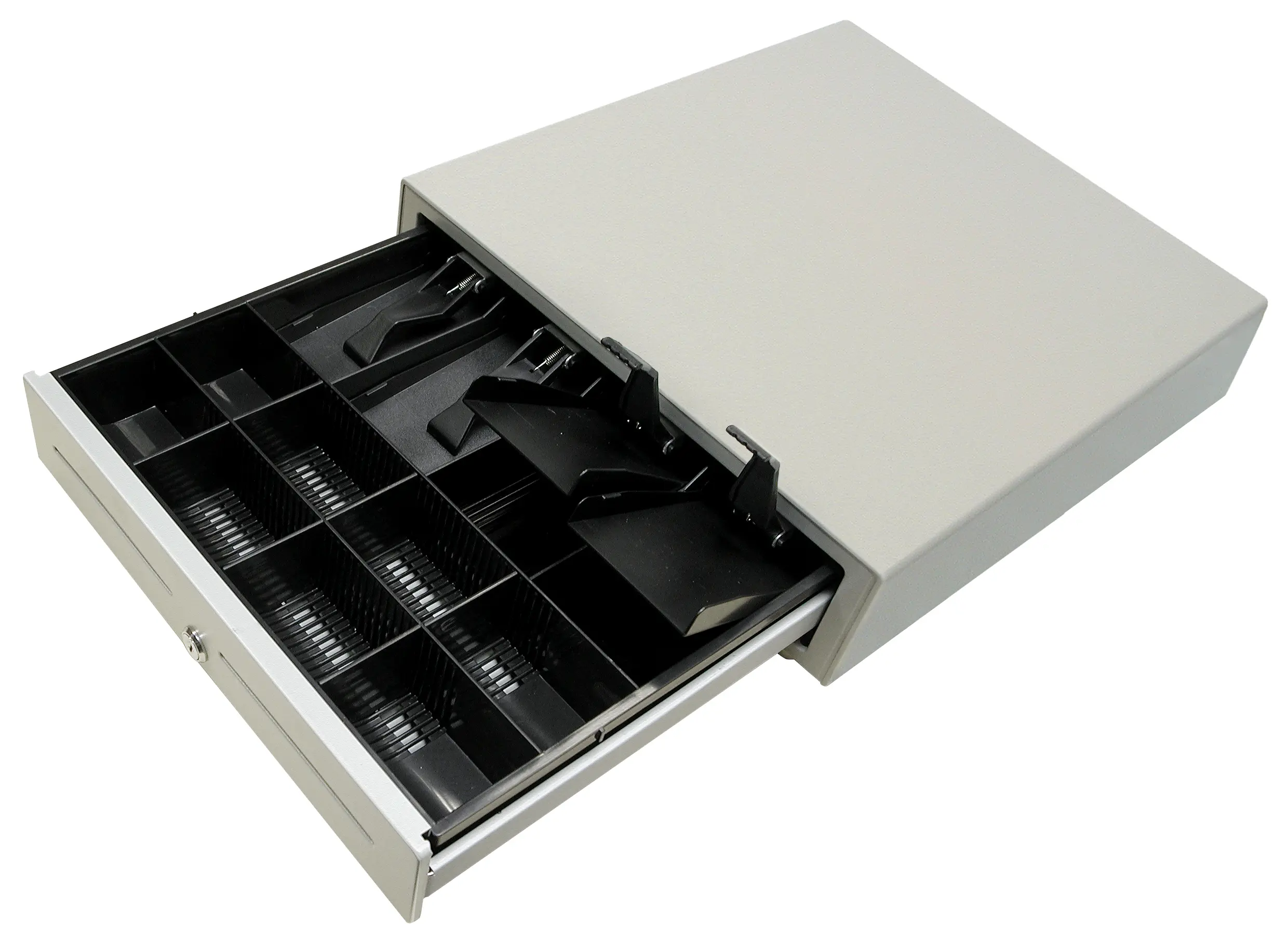 Offene Kassenschublade mit mehreren Fächern für Scheine und Münzen, ein Point-of-Sale-System (POS), das für Einzelhandelsgeschäfte und Zahlungen unverzichtbar ist.