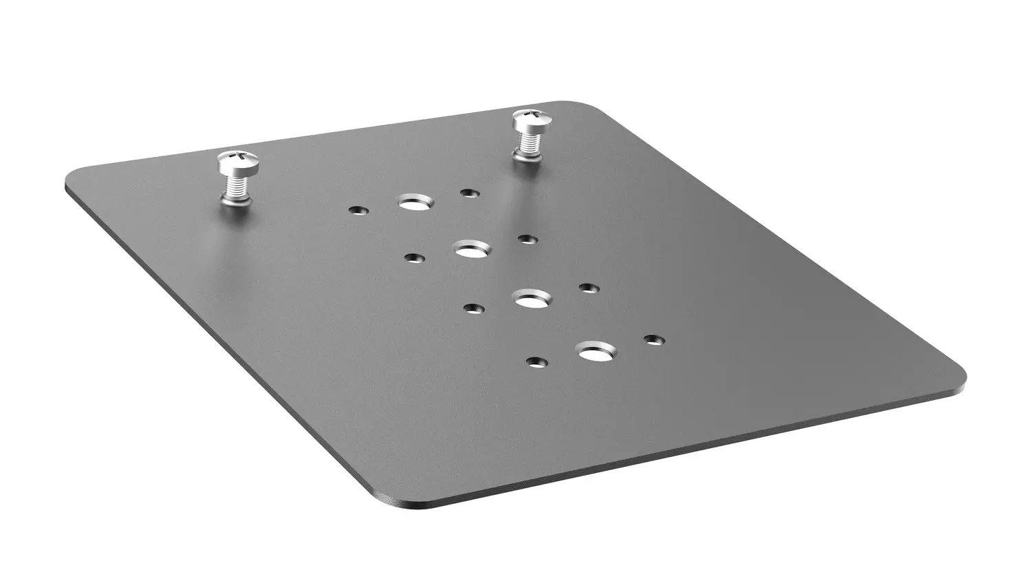 Nahaufnahme einer grauen Metallmontageplatte mit unterschiedlich großen Löchern, Schrauben und abgerundeten Kanten, die für die Maschinenmontage verwendet wird. Es zeigt seine Designdetails.