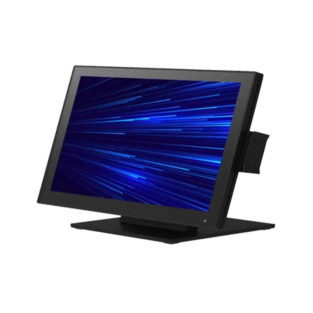 Bild eines modernen Kassenterminals (POS) mit einem eleganten schwarzen Design und einem leuchtend blauen, abstrakten Display. Das Touchscreen-System ist perfekt für den geschäftlichen Einsatz.