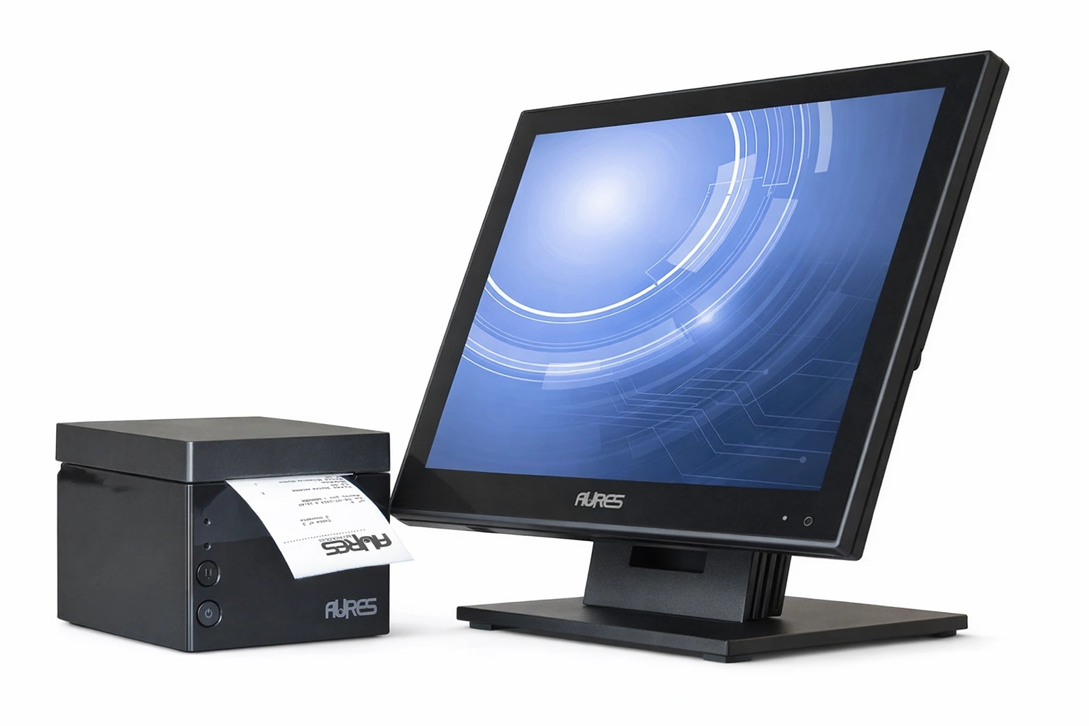 AURES Kassensystem mit Touchscreen-Monitor mit blauer Grafik und kompaktem Bondrucker, ideal für Einzelhandel und Gastronomie.