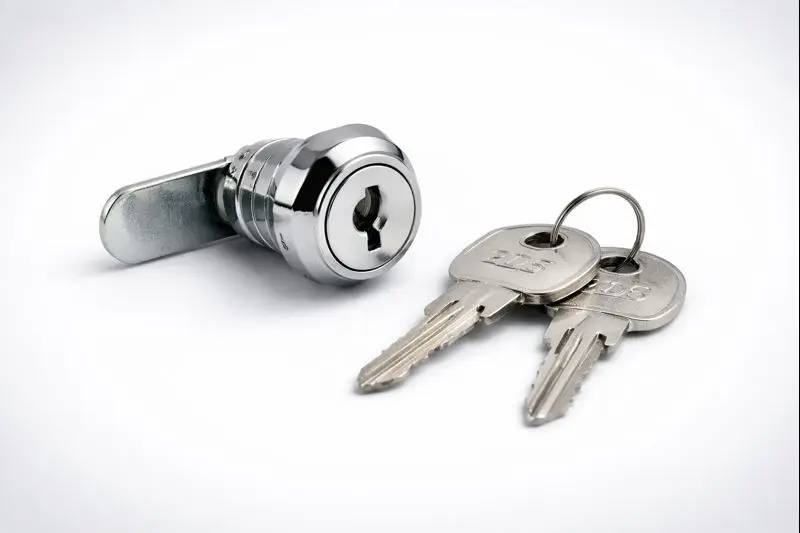 Nahaufnahme eines glänzenden, verchromten Nockenschlosses mit zwei daneben liegenden Schlüsseln, das Sicherheit, Schlösser und Schlüsselkomponenten zeigt.