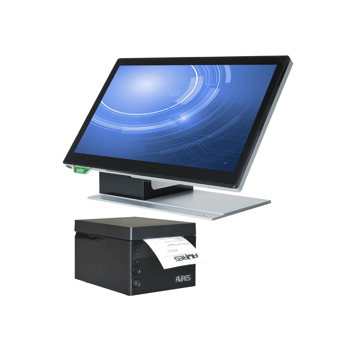 AURES Kassensystem mit elegantem Touchscreen-Monitor mit blauem Display und kompaktem Bondrucker für moderne Einzelhandelsumgebungen.