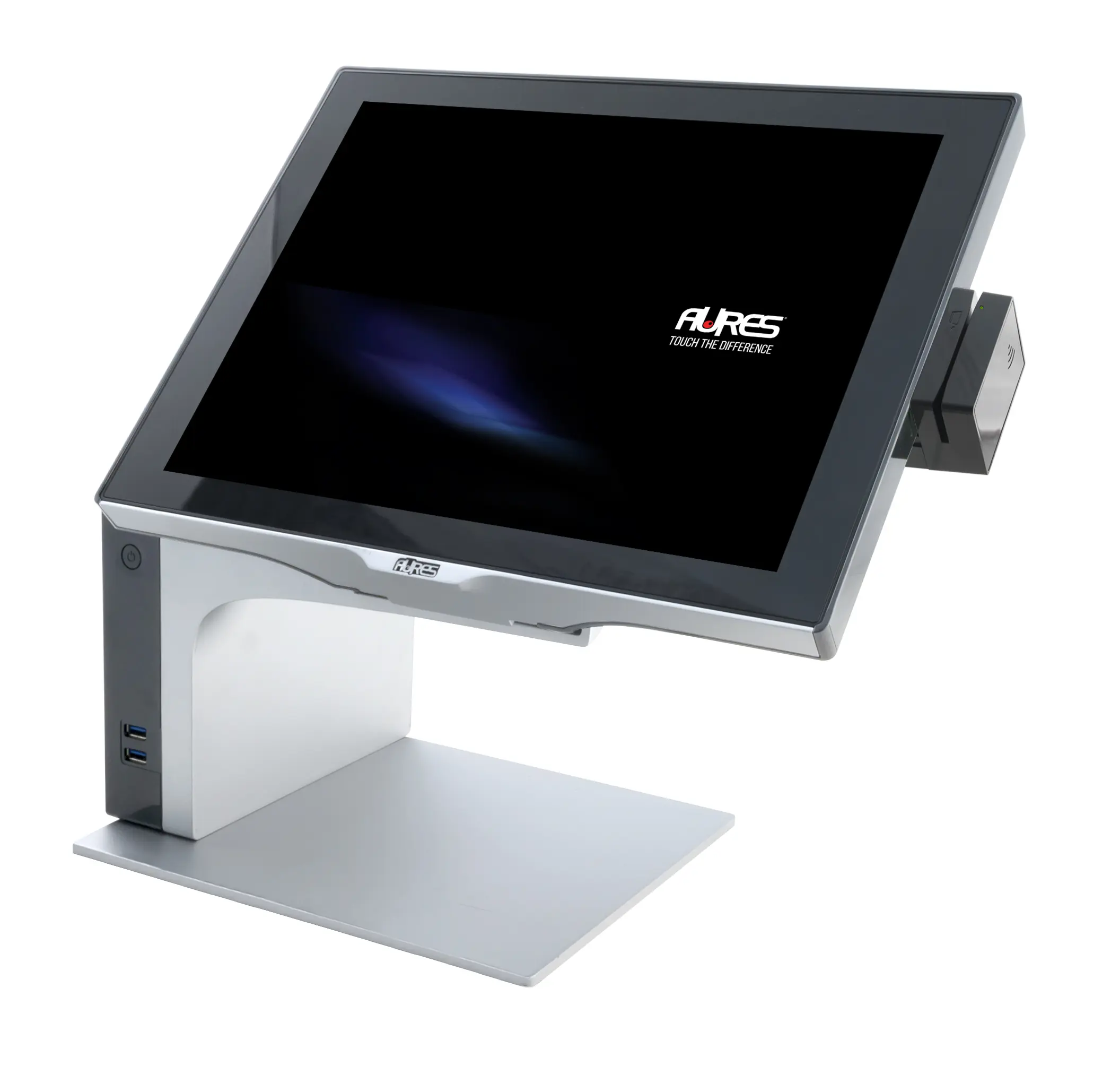 Bild des AURES YUNO EPOS Touchscreen-Systems, das im Einzelhandel oder im Gastgewerbe eingesetzt wird. Das Kassendisplay verfügt über einen integrierten Kartenleser und USB-Anschlüsse.