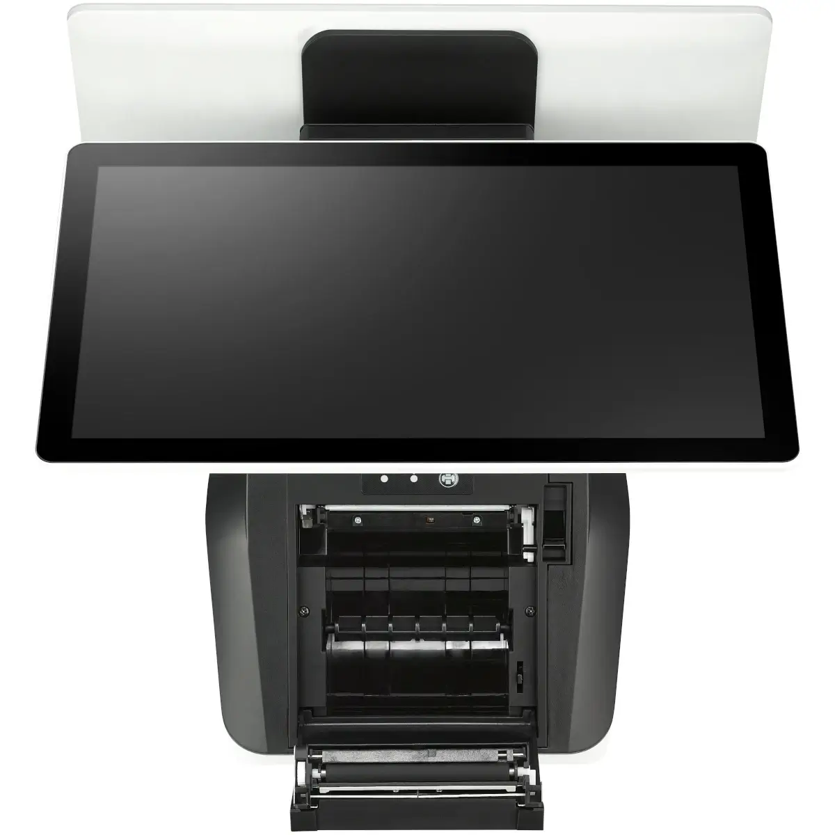 Nahaufnahme eines modernen Point-of-Sale-Systems (POS) mit Touchscreen-Display und integriertem Drucker, das sein benutzerfreundliches Design und seine Funktionalität demonstriert.