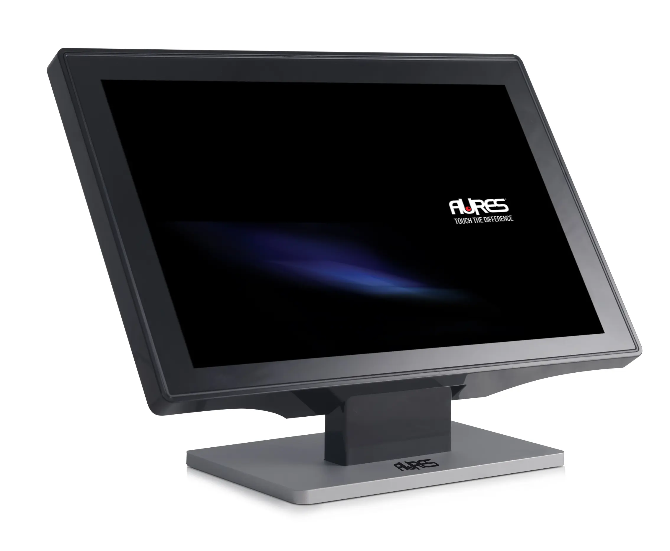 AURES Touchscreen-POS-Terminal auf weißem Hintergrund. Das moderne EPOS-System zeichnet sich durch ein schlankes Design aus und bietet einen leistungsstarken Touchscreen.