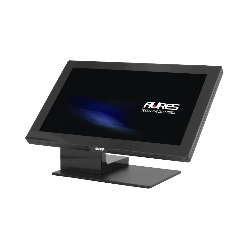 Modernes Point-of-Sale-System (POS) von AUERES mit einem eleganten Touchscreen-Display auf einem stabilen schwarzen Ständer für Einzelhandels- und Gastronomiebetriebe.