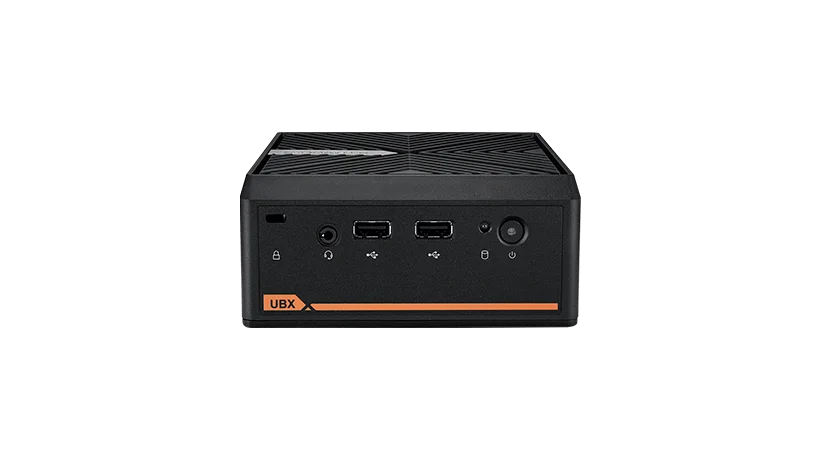 Nahaufnahme eines kompakten schwarzen UBX-Mini-PCs im Studio. Dieser Computer mit kleinem Formfaktor verfügt über USB-Anschlüsse, eine Audiobuchse und einen Netzschalter auf der Vorderseite für einfachen Zugriff.