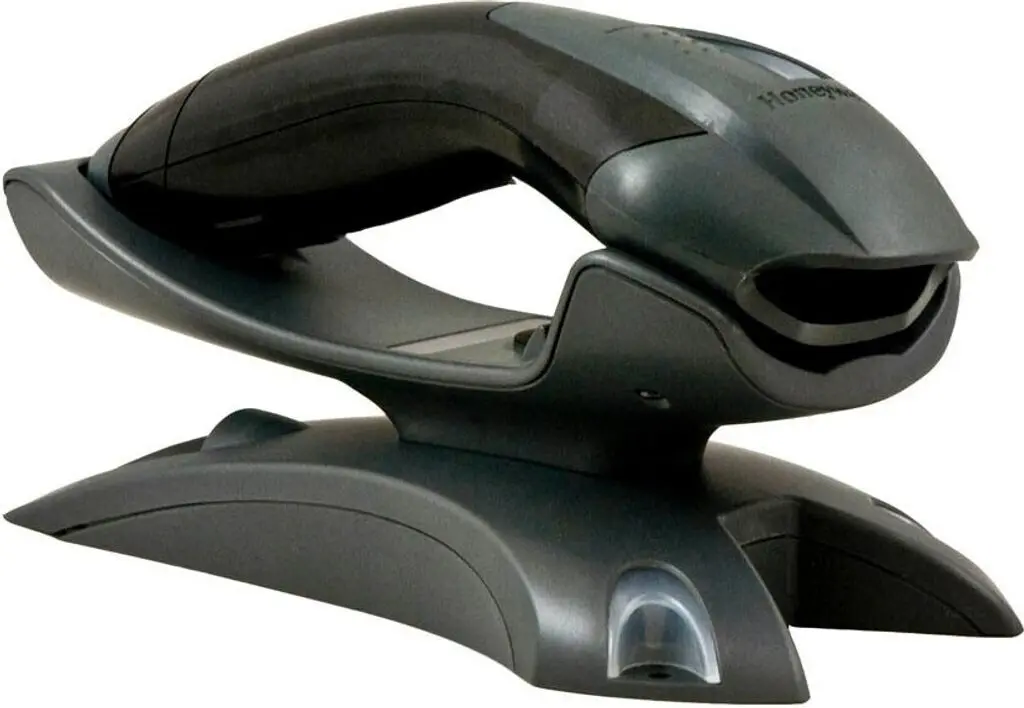 Bild eines Honeywell-Barcodescanners, eines Handgeräts auf einem Ständer, das zum Scannen von Barcodes und QR-Codes im Einzelhandel und in Lagern für die Bestandsaufnahme verwendet wird.