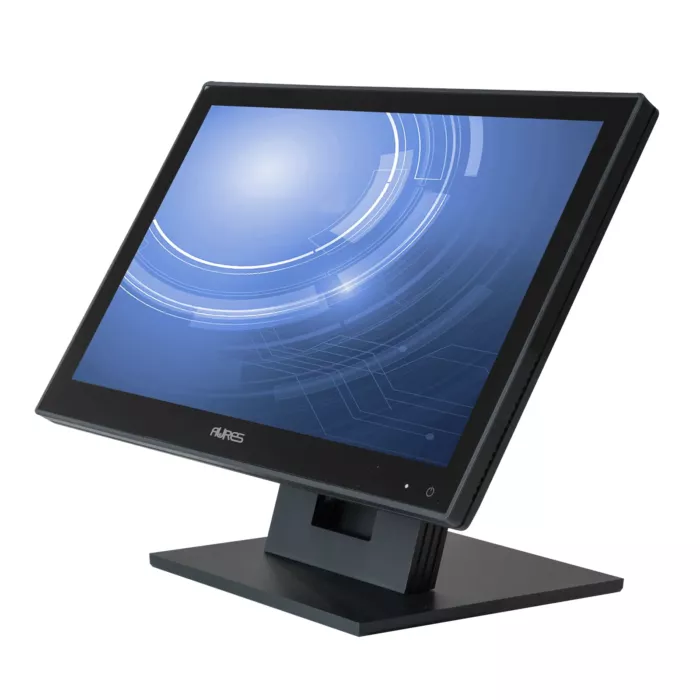 Nahaufnahme des AURES Sango POS-Terminals, eines eleganten All-in-One-Point-of-Sale-Systems mit schwarzem Rahmen und modernem, digitalem Display. Ideal für den Einzelhandel.