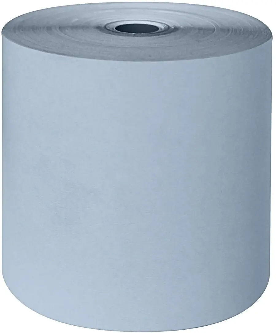 Nahaufnahme einer großen Rolle hellblauen Papiers. Ideal zum Drucken von Belegen, Kassensystemen und verschiedenen Geschäftsanwendungen.