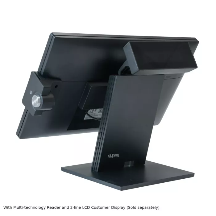 Rückansicht eines AURES-Point-of-Sale-Terminals mit Hervorhebung seines Designs und seiner Konnektivitätsoptionen. Dieses hochwertige Kassensystem sorgt für sichere Transaktionen.