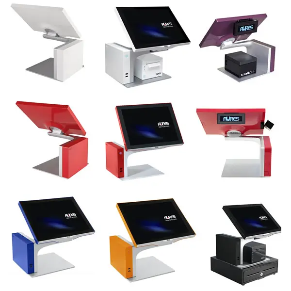 Sammlung von neun AURES Point-of-Sale-Systemen (POS) in verschiedenen Farben, darunter Weiß, Rot, Blau, Orange und Schwarz, mit schlanken, modernen Designs.