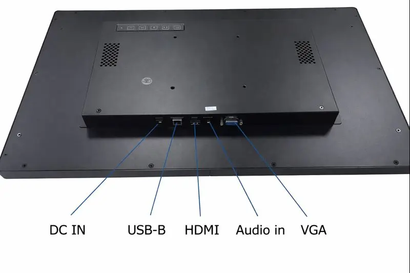 Rückansicht eines schwarzen Touchscreen-Monitors mit Anschlüssen. Zu den Funktionen gehören DC-IN, USB-B, HDMI, Audio-Eingang und VGA-Konnektivitätsoptionen für verschiedene Geräte und Peripheriegeräte.
