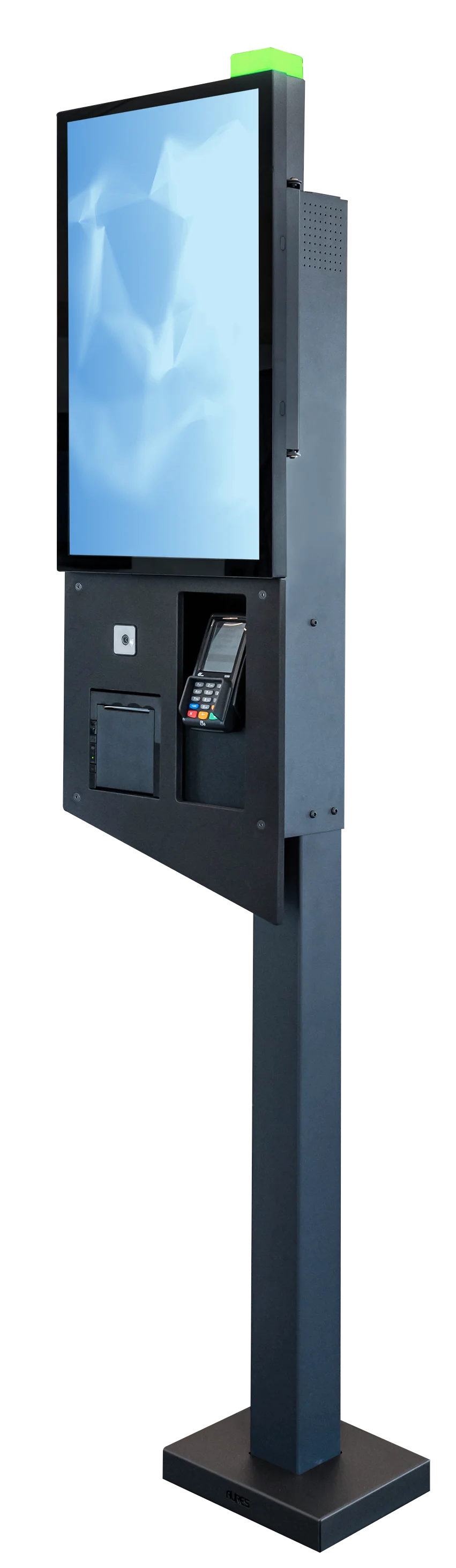 Gesamtansicht eines eleganten, modernen Selbstbedienungskiosks mit einem großen digitalen Display, einem sicheren Zahlungsterminal und einem Drucker. Diese automatisierte Lösung bietet ein benutzerfreundliches Erlebnis.