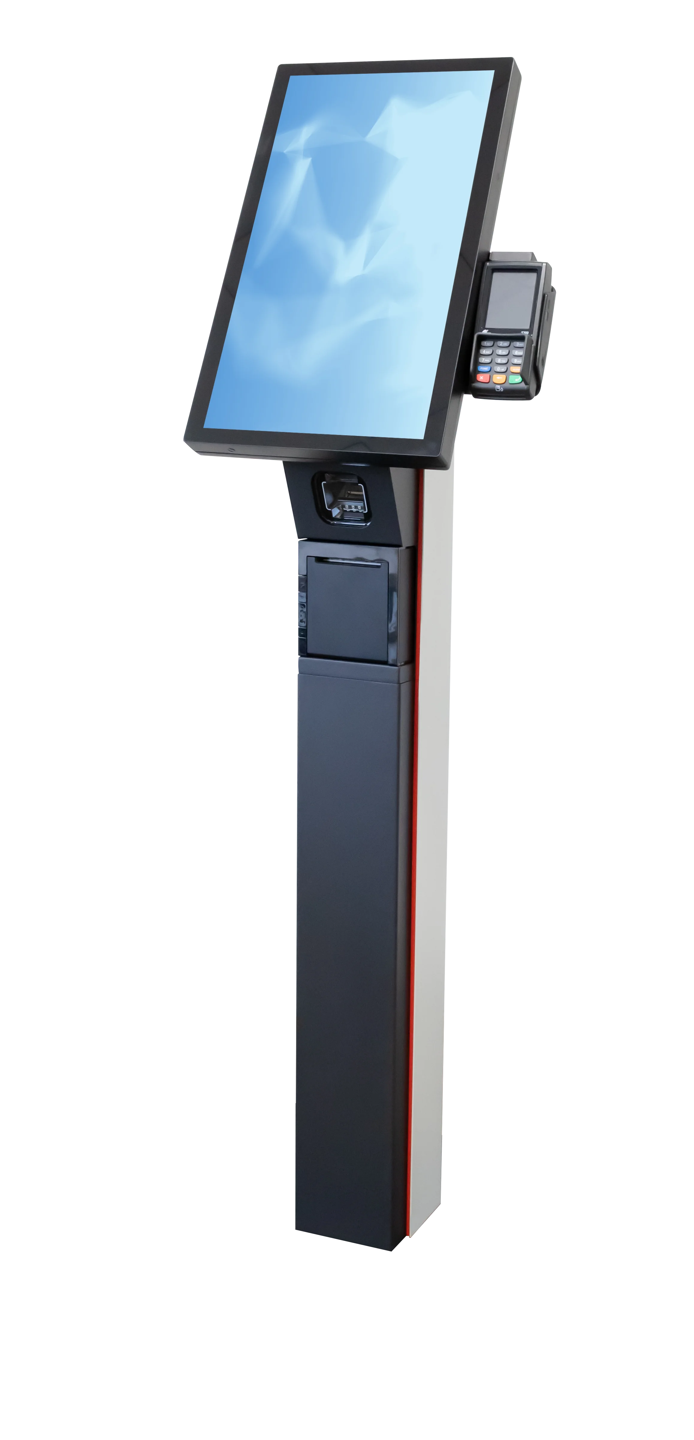 Moderner Selbstbedienungskiosk mit großem Touchscreen-Display, Kartenleser und Belegdrucker. Der grau-weiße Kiosk steht auf schwarzem Hintergrund.